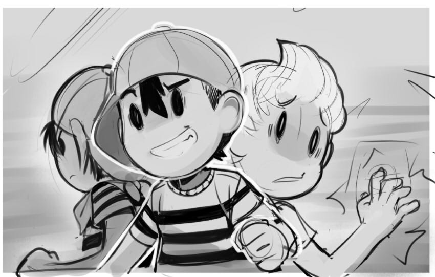 baseball_cap greyscale hat lucas male_focus monochrome mother_(game) mother_1 mother_2 mother_3 multiple_boys ness ninten quiff shirt sho-n-d sketch striped striped_shirt