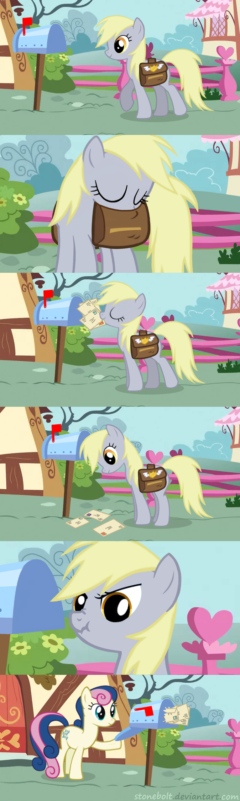 angry bag blonde_hair blue_eyes bonbon_(mlp) bush comic cutie_mark derpy_hooves_(mlp) equine female fence feral flower friendship_is_magic hair horse house letter letterbox mad mail mammal my_little_pony outside pegasus pony stonebolt tree two_tone_hair wings yellow_eyes