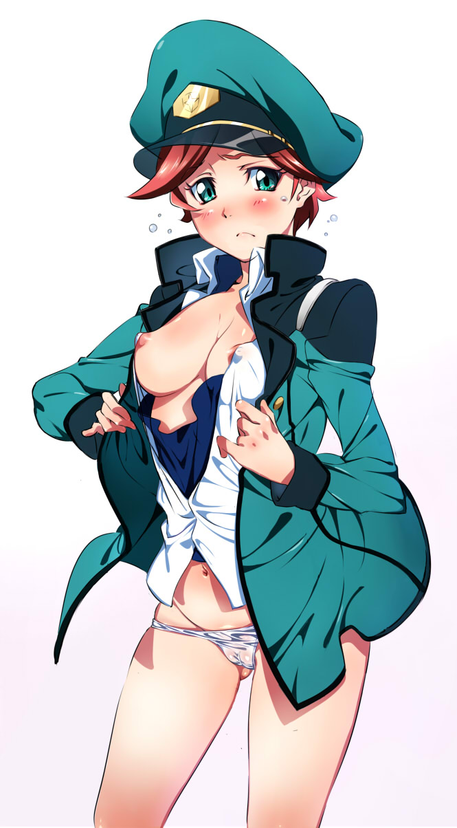 blush bottomless breasts cameltoe captain_uniform green_eyes gundam gundam_age hat highres jacket looking_at_viewer medium_breasts military military_uniform natora_einus navel niko_(tama) nipples no_bra no_pants open_clothes open_jacket open_shirt panties peaked_cap red_hair see-through shirt short_hair solo sweat sweatdrop tears underwear undressing uniform