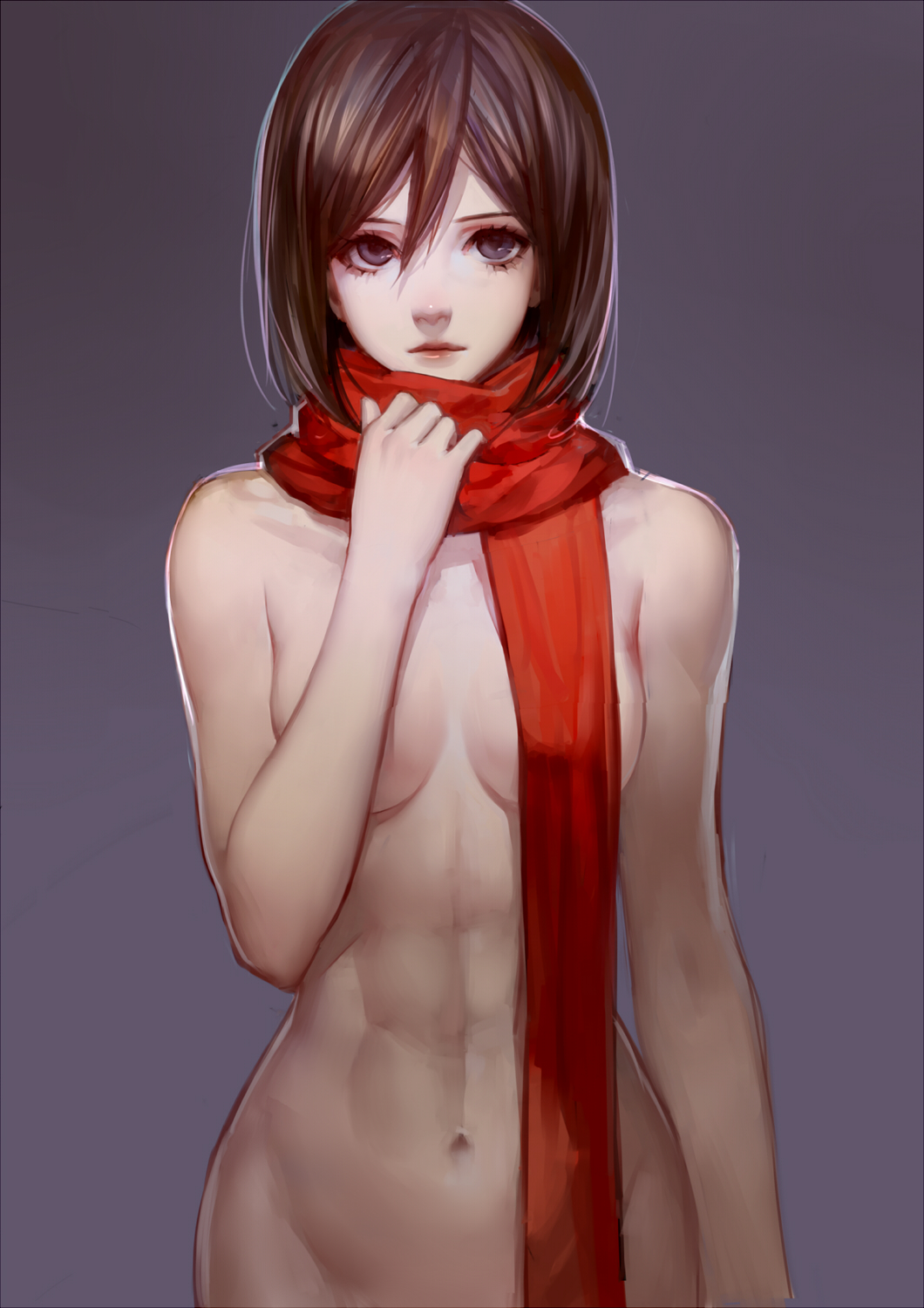 abs arms ask_(askzy) black_eyes black_hair breasts breasts_apart closed_mouth convenient_censoring expressionless hair_between_eyes hands highres hips lips looking_at_viewer medium_breasts mikasa_ackerman naked_scarf navel nude purple_background red_scarf scarf shingeki_no_kyojin short_hair simple_background solo standing