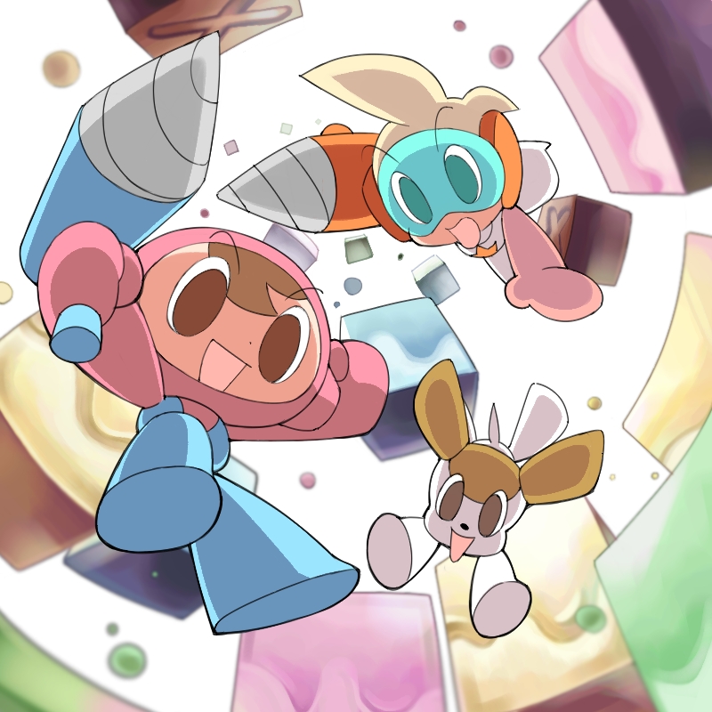 1girl anna_hottenmeyer brown_eyes brown_hair dog drill falling from_below hori_susumu looking_down monster mr._driller open_mouth oyatsu_(mk2) puchi_(mr._driller) simple_background smile visor white_background