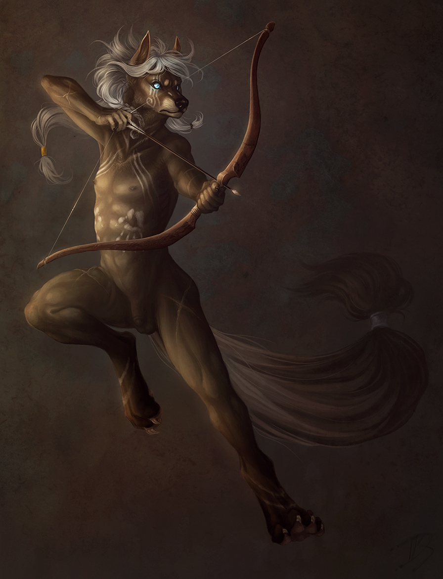 bow_(weapon) canine chinese_crested_dog dog flaccid hanmonster leaping longbow male mammal nude penis ranged_weapon scar solo standing tribal weapon