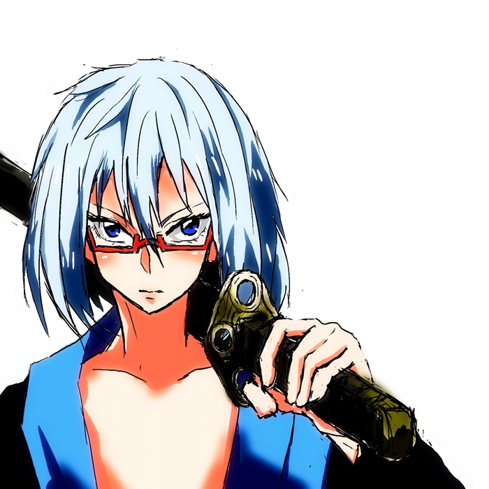 blue_eyes glasses japanese_clothes katana kimono male_focus mannosuke morichika_rinnosuke nuub over_shoulder red-framed_eyewear scabbard semi-rimless_eyewear sheath sheathed silver_hair solo sword sword_over_shoulder touhou under-rim_eyewear weapon weapon_over_shoulder