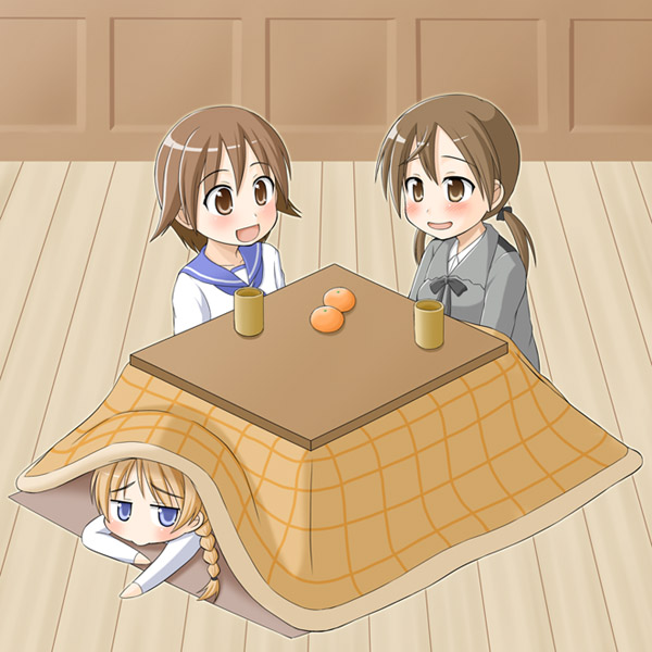 blue_eyes blush braid brown_eyes brown_hair cup food fruit gertrud_barkhorn kotatsu lynette_bishop mandarin_orange miyafuji_yoshika multiple_girls school_uniform short_hair strike_witches table twintails wooden_floor world_witches_series youta_(asatsukidou) yunomi