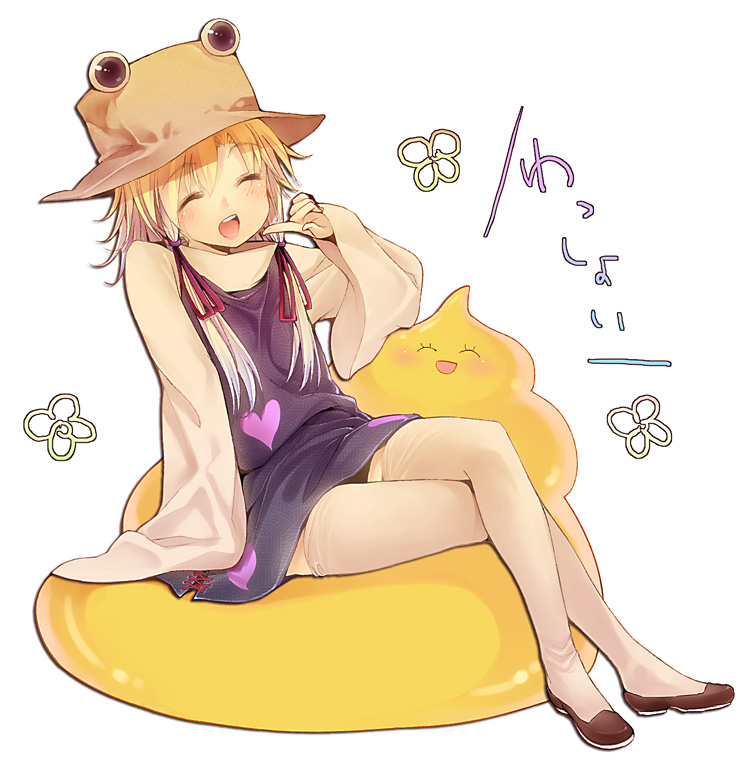 bad_id bad_pixiv_id blonde_hair buriki closed_eyes crossed_legs hat moriya_suwako poop sitting smile solo thighhighs touhou white_legwear