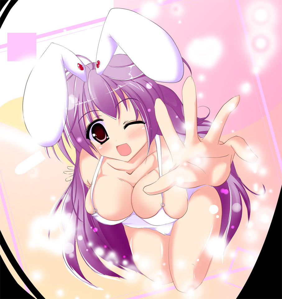 animal_ears breasts bunny_ears casual_one-piece_swimsuit hands kiki_(koikuchikinako) large_breasts long_hair one-piece_swimsuit one_eye_closed outstretched_arm outstretched_hand purple_hair reaching red_eyes reisen_udongein_inaba solo swimsuit touhou