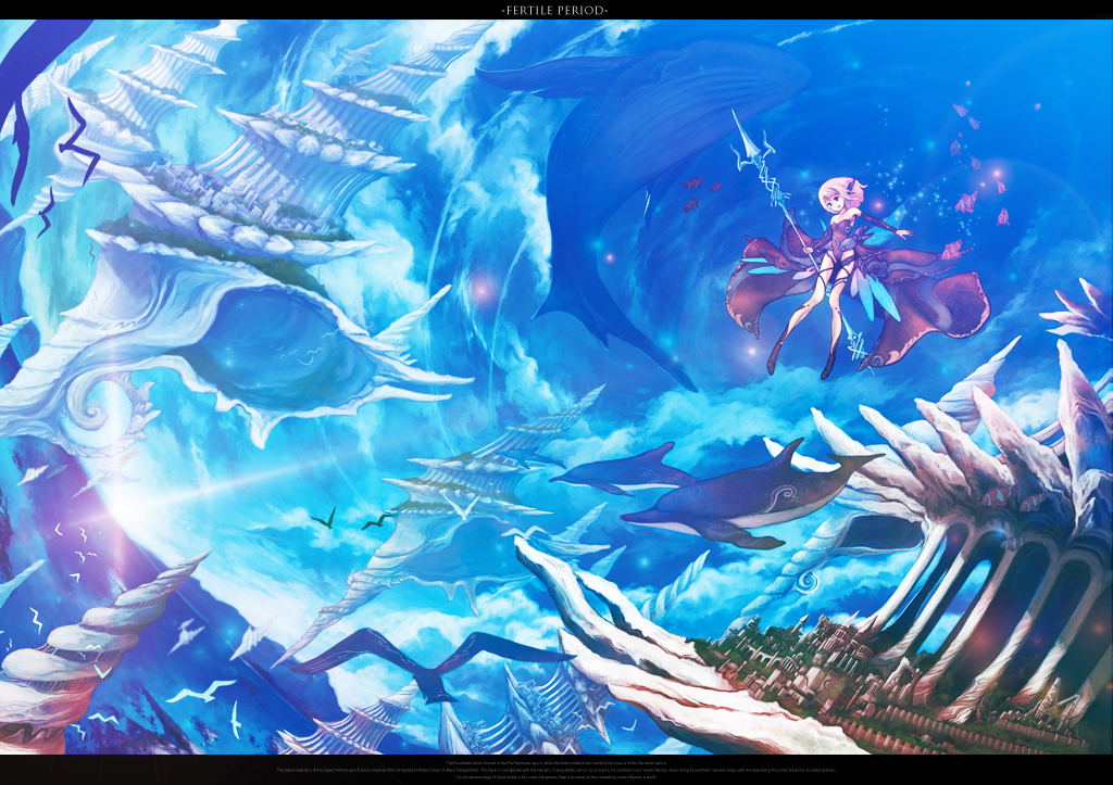 bad_id bad_pixiv_id bird chitose_rin cloud day dolphin escallops fantasy fish flying flying_fish letterboxed original seagull seashell shell sky solo staff whale