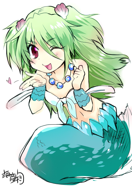 ;d blush clam collarbone green_hair hair_ornament heart jewelry kaisanbutsu long_hair mermaid monster_girl muromi-san namiuchigiwa_no_muromi-san navel necklace one_eye_closed open_mouth red_eyes seashell shell smile solo two_side_up very_long_hair white_background