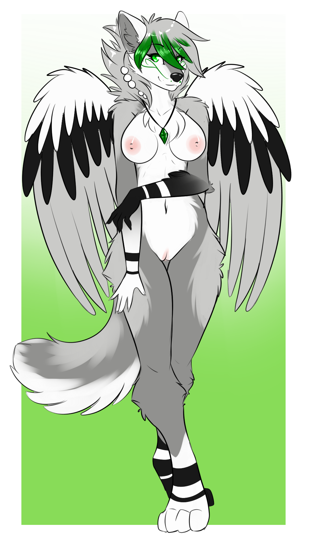aimi breasts canine cute digitigrade dyed_hair feathers female fur green_eyes grey_fur grey_hair hair hindpaw looking_at_viewer mammal necklace nipples nude paws pussy solo standing two_tone_hair white_fur wings wolf