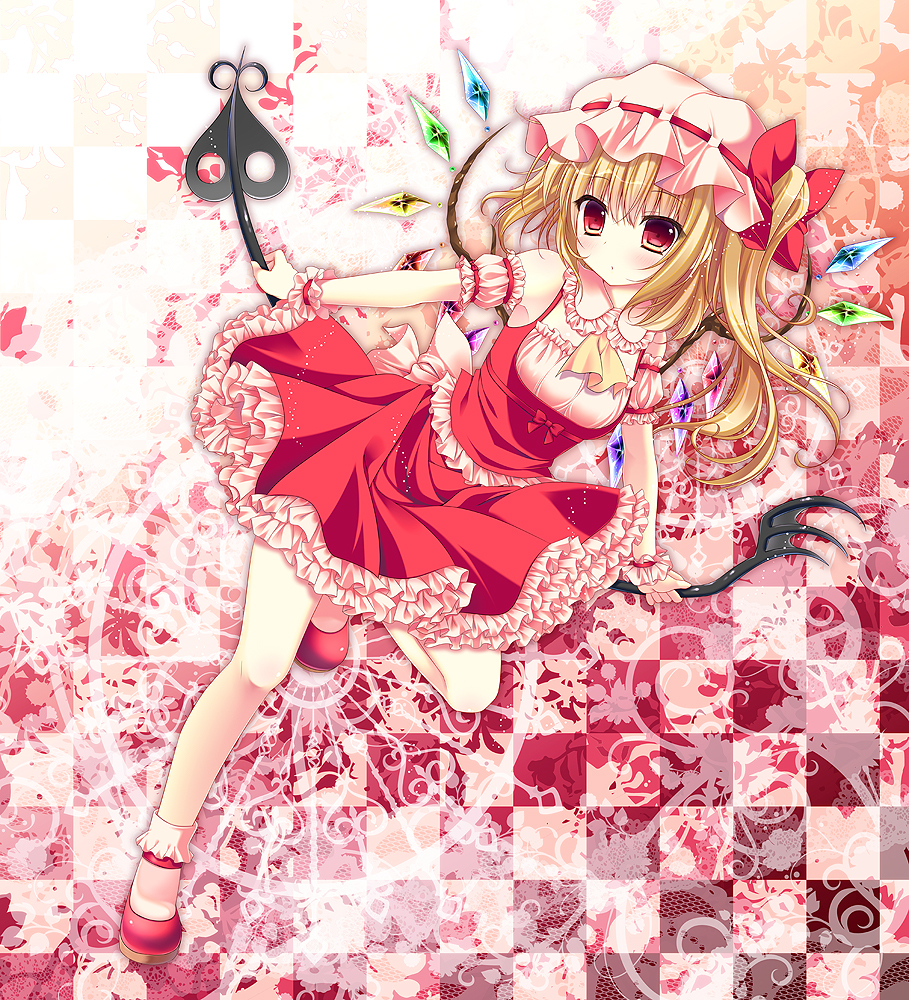 ascot blonde_hair blush bobby_socks bow checkered checkered_background flandre_scarlet frills hat hat_bow kino_(kino_konomi) laevatein red red_eyes short_hair side_ponytail skirt skirt_set socks solo touhou wings wrist_cuffs