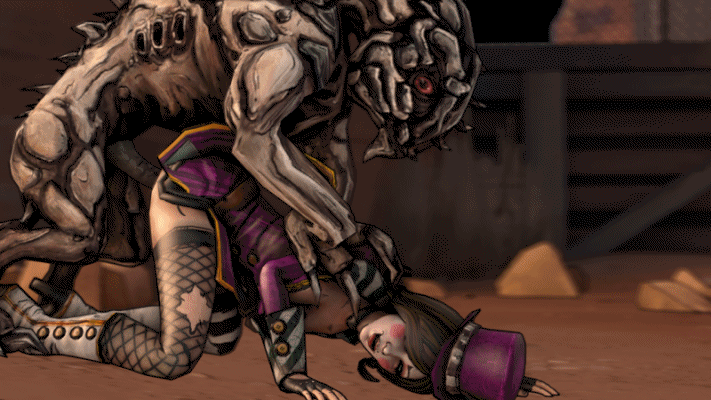3d animated animated_gif bestiality boots borderlands borderlands_2 doggystyle fingerless_gloves fishnet_pantyhose fishnets gloves hat hetero mad_moxxi monster pantyhose sex skag top-down_bottom-up vaginal