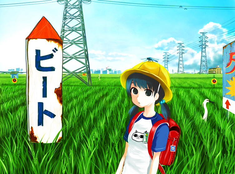 backpack bag bird bird_scarer black_eyes blue_hair bug building cat_soup child crane_(animal) dragonfly giba_ryan hair_over_eyes hat insect kune-kune monster original power_lines randoseru rice_paddy school_hat short_sleeves short_twintails sign solo transmission_tower twintails when_you_see_it