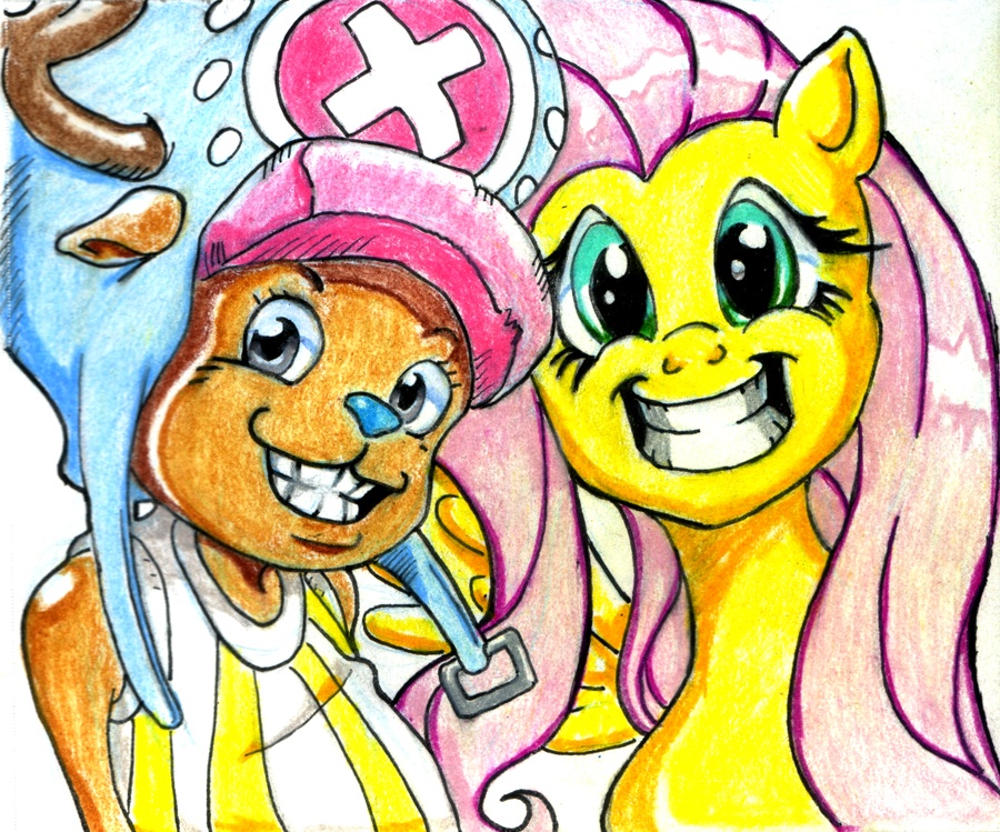 brown_fur clothing crossover duo equine female feral fluttershy_(mlp) friendship_is_magic fur green_eyes hat horse irie-mangastudios male mammal my_little_pony one_piece pegasus pink_fur plain_background pony smile tony_tony_chopper white_background wings yellow_fur