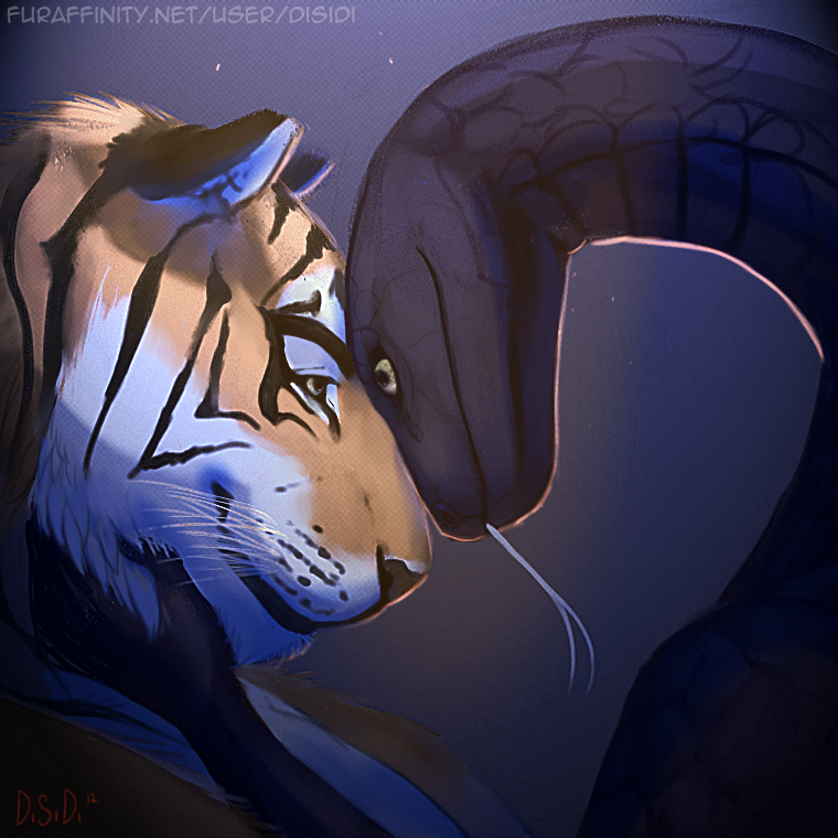 ambiguous_gender couple disidi duo eye_contact feline forked_tongue gasmask_(artist) mammal reptile scalie simple_background snake tiger tongue tongue_out whiskers