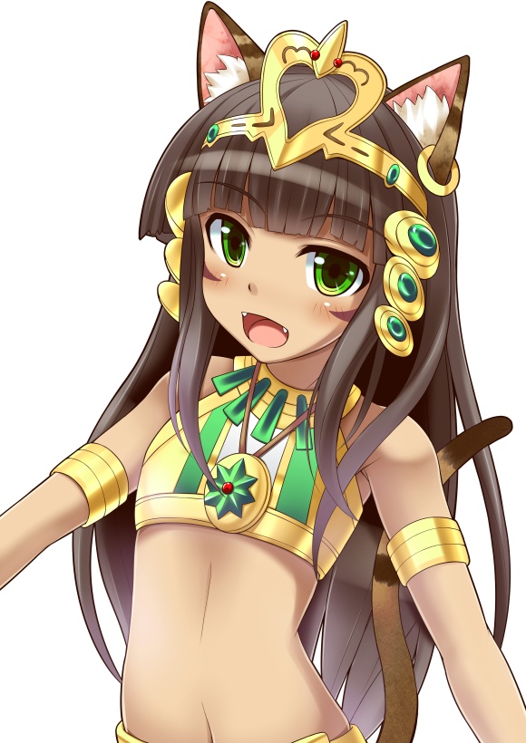 animal_ears armlet bastet_(p&amp;d) black_hair blush cat_ears cat_tail dark_skin diadem earrings egyptian fangs flat_chest green_eyes jewelry kuurunaitsu long_hair looking_at_viewer midriff navel open_mouth puzzle_&amp;_dragons simple_background single_earring solo tail white_background