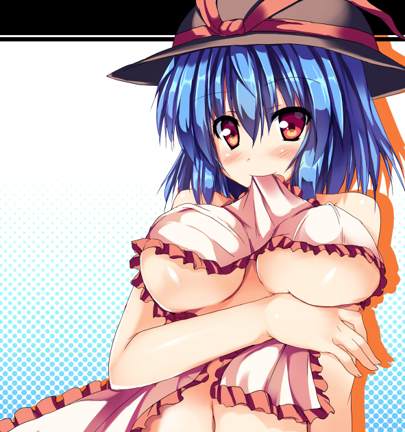 bad_id bad_pixiv_id blue_hair blush breasts halftone halftone_background hat hat_ribbon large_breasts looking_at_viewer midriff mouth_hold nagae_iku naked_scarf navel red_eyes ribbon ryokushiki_(midori-ya) scarf shawl smile solo touhou underboob upper_body