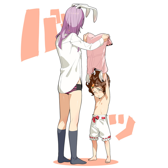 animal_ears armpits arms_up banned_artist barefoot bloomers brown_hair bunny_ears carrot child flat_chest fugi_jis inaba_tewi multiple_girls no_pants panties purple_hair reisen_udongein_inaba ribbon socks topless touhou underwear underwear_only undressing white_bloomers