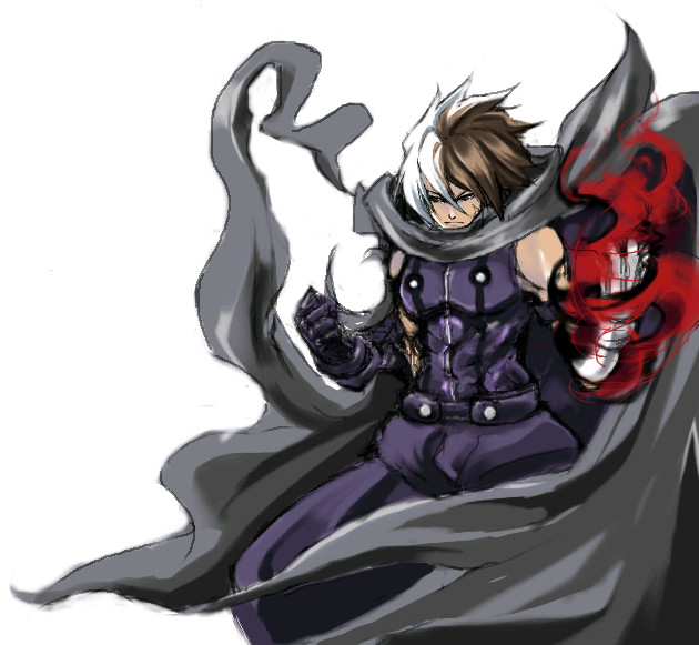 bare_shoulders brown_eyes brown_hair clenched_hands closed_mouth cowboy_shot expressionless gloves grey_cape hair_between_eyes magic male_focus multicolored_hair muscle nameless_(kof) purple_gloves silver_hair simple_background solo standing suwi the_king_of_fighters two-tone_hair white_background
