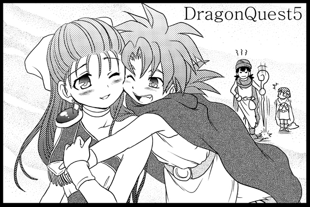 2girls bad_id bad_pixiv_id black_border blush border bow demerin dragon_quest dragon_quest_v flora flora's_daughter flora's_son greyscale hair_bow half_updo hero_(dq5) hug jealous monochrome mother_and_son multiple_boys multiple_girls one_eye_closed