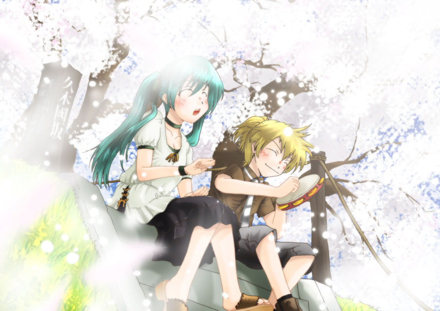 1girl asatana casual cherry_blossoms closed_eyes green_hair hatsune_miku instrument kagamine_len long_hair ponytail sitting skirt tambourine vocaloid