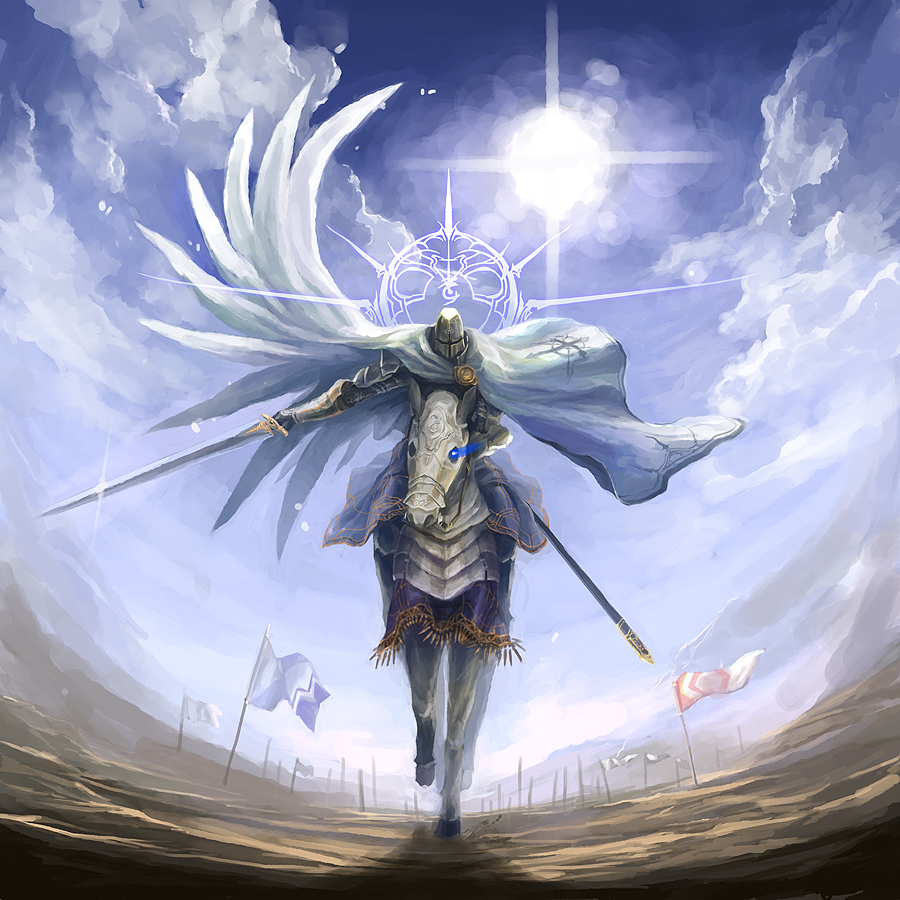 armor banner barding cape copyright_request full_armor helm helmet horse horseback_riding knight light magic:_the_gathering male_focus medieval riding solo sun sword weapon yuu_(ytkn)