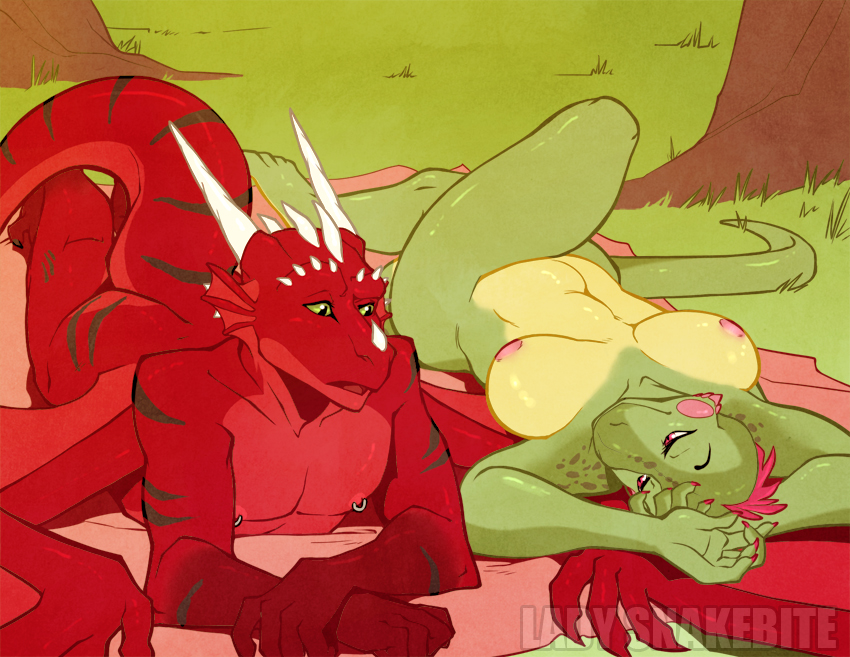 anthro breasts couple dragon duo eye_contact female green_eyes horn lady_snakebite lizard lying male muscles navel nipple_piercing nipples nude on_back pecs piercing pink_eyes red_dragon red_scales reptile scalie wings