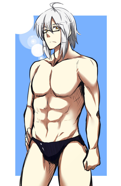 abs ahoge aoinu chest collarbone glasses male_focus male_swimwear mannosuke morichika_rinnosuke silver_hair solo swim_briefs swimwear touhou yellow_eyes