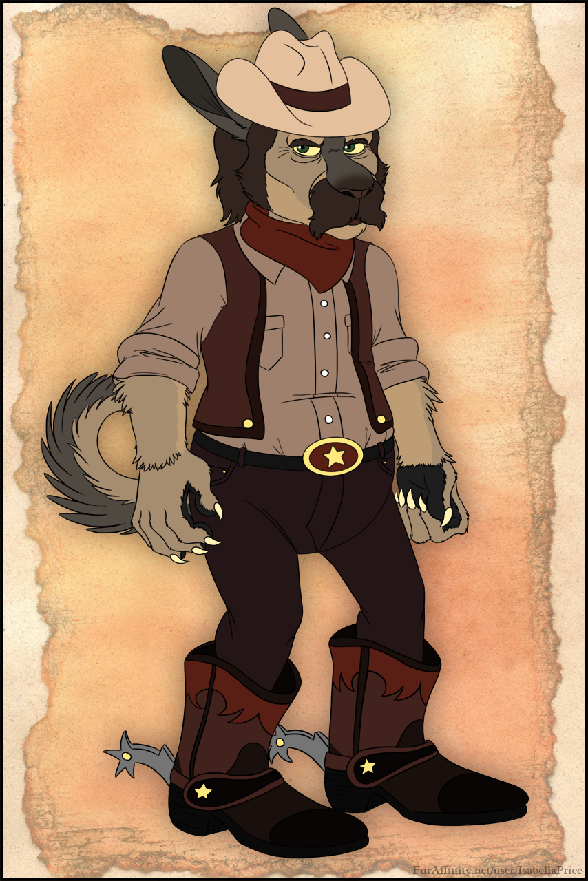 anthro beige_fur boots brown_hair claws clothed clothing cowboy facial_hair fur green_eyes grey_fur hair hat isabellaprice lofty_v_scacha male mammal mustache rodent solo spurs tan_fur vest viscacha