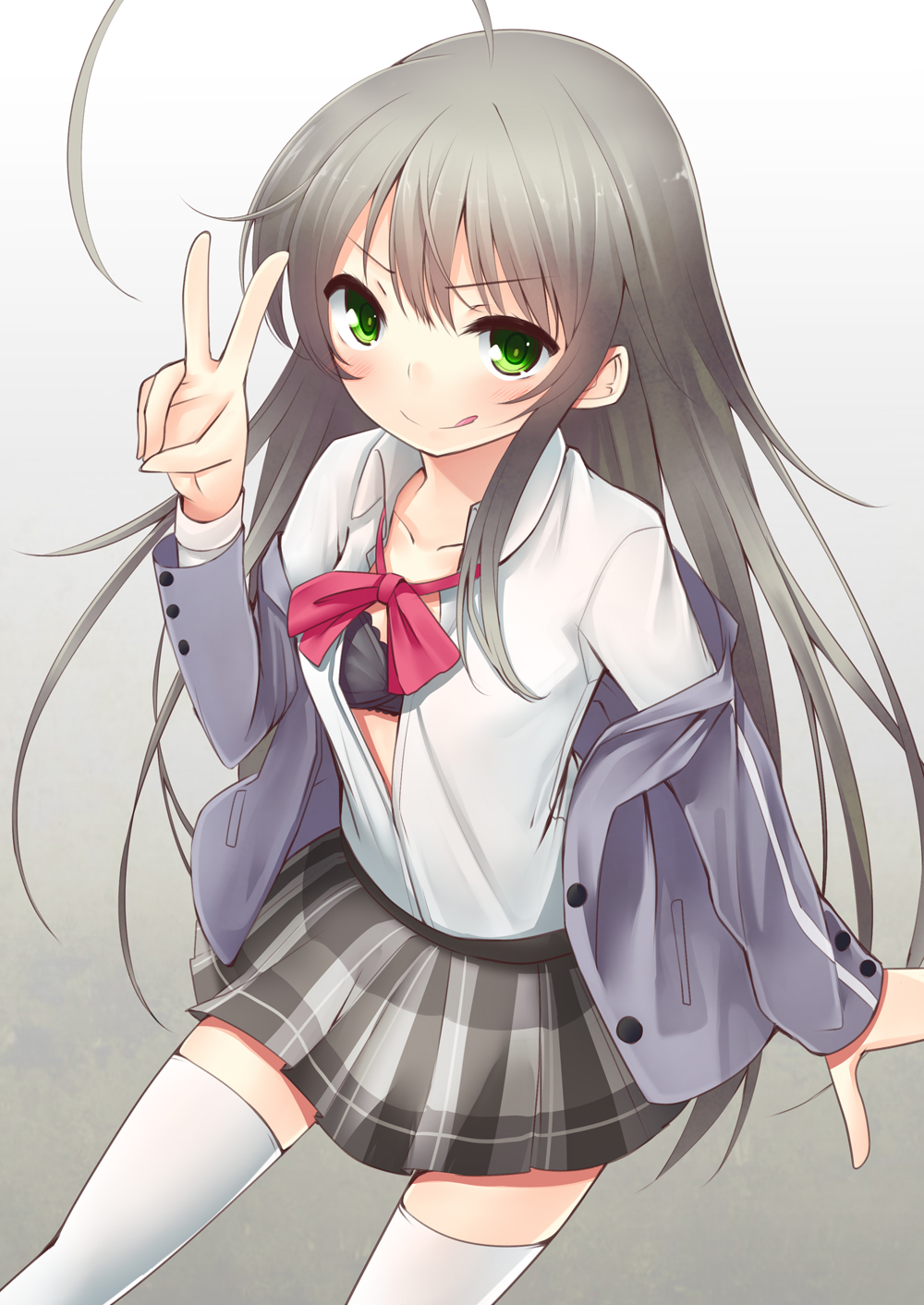 ahoge blush bra collarbone green_eyes haiyore!_nyaruko-san highres long_hair long_sleeves nyarlathotep_(nyaruko-san) school_uniform silver_hair solo tanakahazime thighhighs tongue underwear v very_long_hair white_background white_legwear