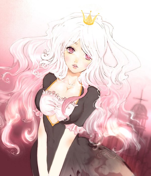 aiki breasts cleavage crown long_hair medium_breasts original pink_eyes pink_hair princess solo traditional_media