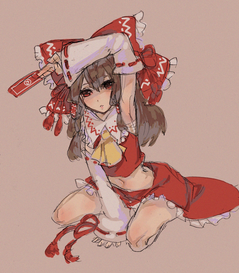 armpits bad_id bad_pixiv_id bow brown_hair detached_sleeves frills hair_bow hakurei_reimu im_(inuboe) legs long_hair midriff navel ofuda red_eyes ribbon sarashi solo touhou