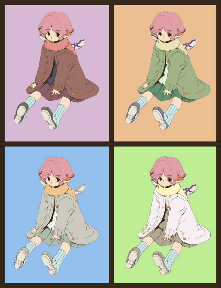 alternate_costume animal_ears bad_id bad_pixiv_id blue_background casual contemporary green_background mystia_lorelei orange_background purple_background shiba_itsuki simple_background touhou