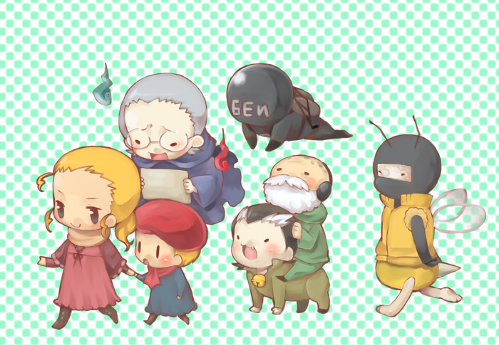6+boys artist_request beard bee blonde_hair blue_eyes bug cat facial_hair fang glasses grey_hair helmet insect metal_gear_(series) metal_gear_solid_3 multiple_boys revolver_ocelot scarf smile the_boss the_end the_fear the_fury the_pain the_sorrow