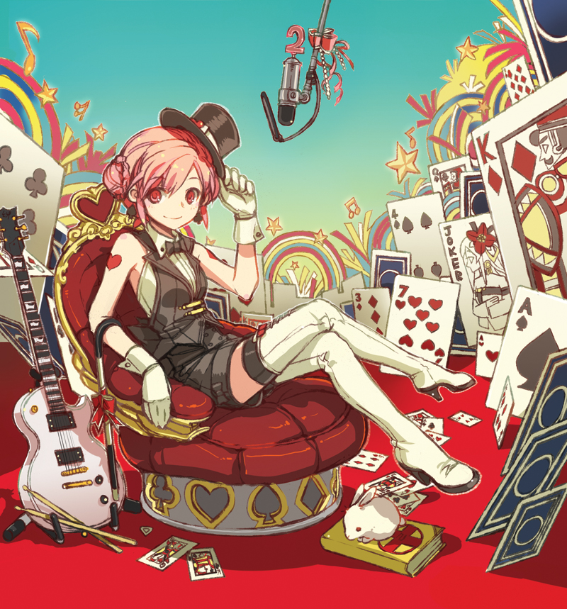 armchair bad_id bad_pixiv_id book boots bunny card chair crossed_legs floating_card gloves guitar hands hat hat_tip heart high_heels instrument legs lying_card microphone mini_hat mini_top_hat nakbe original pink_hair playing_card playing_card_theme pop_filter red_eyes shoes short_hair sitting solo studio_microphone tattoo thigh_boots thighhighs top_hat