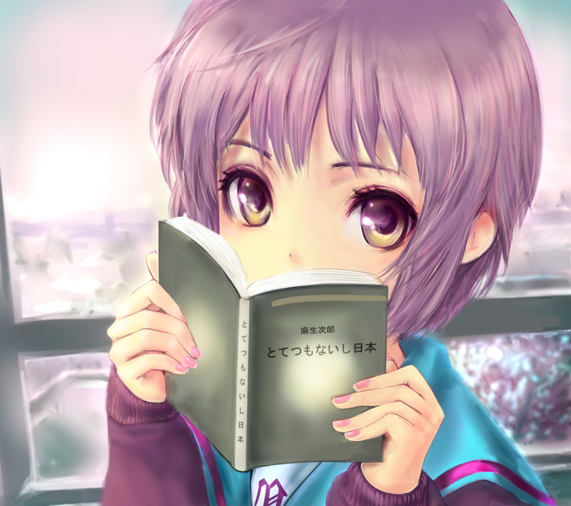 book kita_high_school_uniform mamoru_(mamoru_jinja) nagato_yuki purple_eyes purple_hair school_uniform serafuku short_hair solo suzumiya_haruhi_no_yuuutsu