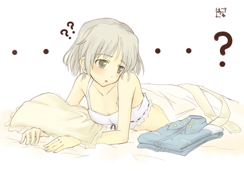 ? bed blush bra clothes green_eyes hanyu lingerie lying military military_uniform on_stomach pantyhose pantyhose_removed pillow sanya_v_litvyak short_hair signature silver_hair simple_background solo strike_witches under_covers underwear uniform white_legwear world_witches_series