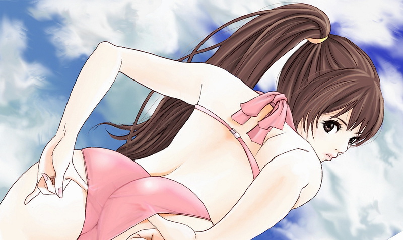 adjusting_clothes adjusting_swimsuit ass bikini brown_eyes brown_hair dead_or_alive hybrid_cat kasumi_(doa) long_hair ponytail swimsuit