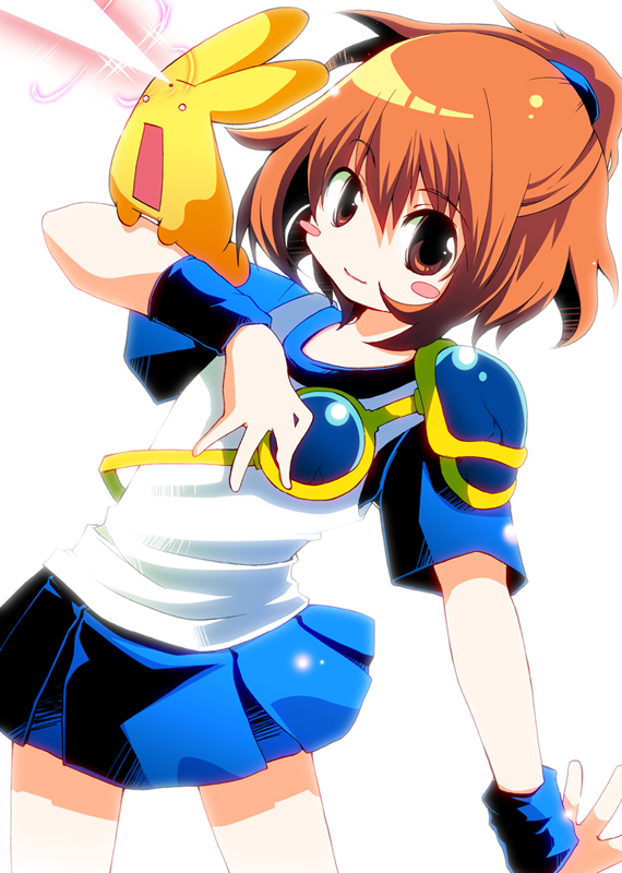 :o arle_nadja blue_skirt brown_eyes brown_hair carbuncle_(puyopuyo) creature half_updo kaisanbutsu madou_monogatari puyopuyo shirt short_hair skirt smile white_background wrist_cuffs