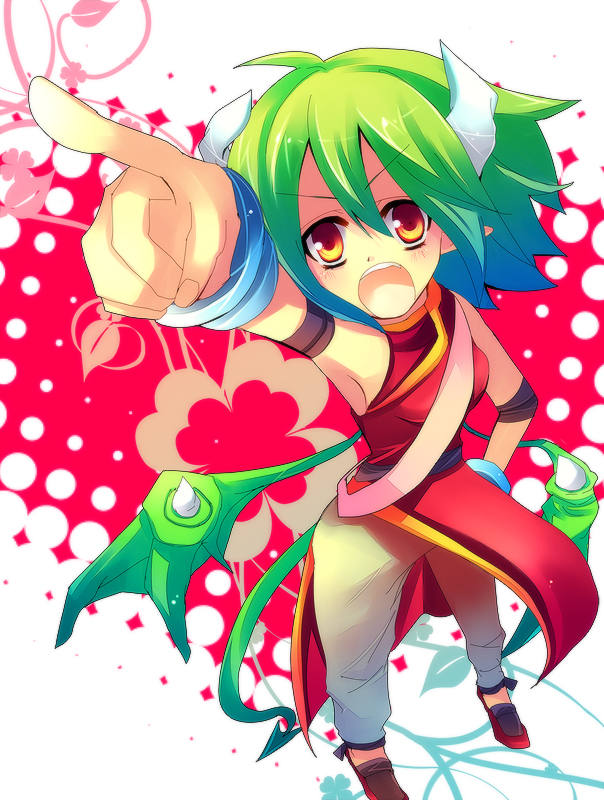 :o arm_up brown_eyes china_dress chinese_clothes draco_centauros dragon_girl dragon_horns dragon_tail dragon_wings dress from_above full_body green_hair hand_on_hip horns madou_monogatari milano pants pointing puyopuyo red_background shoes short_hair solo tail wings