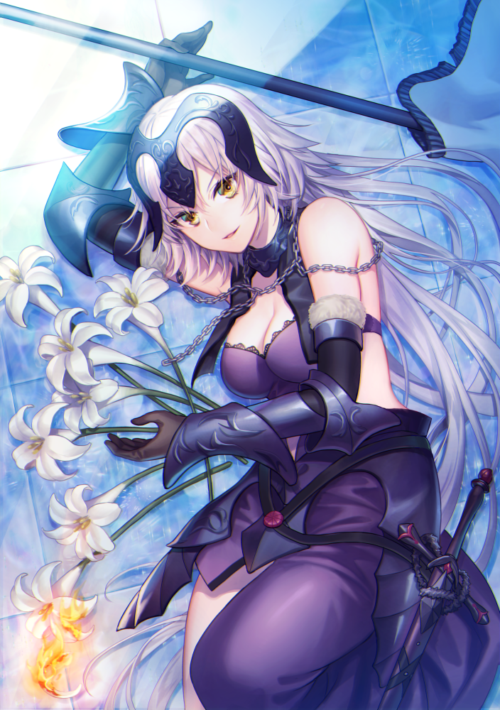 1girl armor black_dress blue_background breasts chains cleavage commentary_request day dress elbow_gloves eyebrows_visible_through_hair fate/grand_order fate_(series) faulds fire flag flower fur_trim gauntlets gloves headpiece jeanne_d'arc_(alter)_(fate) jeanne_d'arc_(fate)_(all) jeanne_d'arc_(alter)_(fate) jeanne_d'arc_(fate)_(all) large_breasts light_rays lily_(flower) long_hair lying on_side silver_hair smile sunbeam sunlight sword tile_floor tiles very_long_hair weapon yamyom yellow_eyes