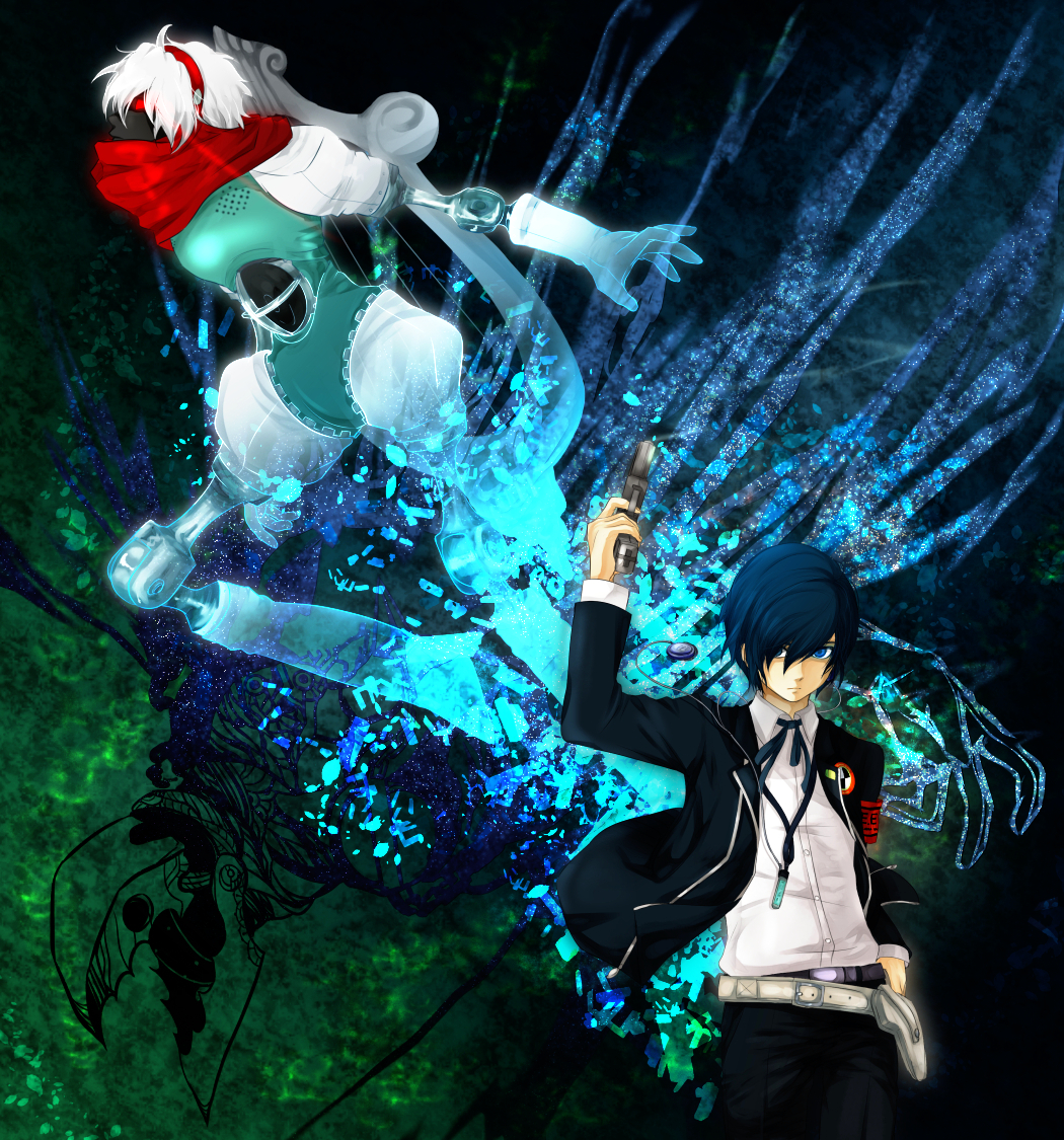 armband blue_eyes blue_hair digital_media_player evoker gun hair_over_one_eye headphones male_focus orpheus persona persona_3 red_eyes school_uniform techitoni thanatos weapon white_hair yuuki_makoto