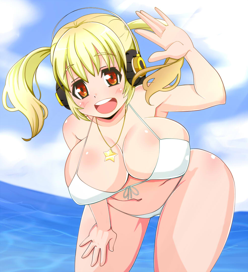 1girl abuno bent_over bikini blonde_hair breasts cleavage cloud headphones huge_breasts jewelry long_hair looking_at_viewer necklace nitroplus ocean open_mouth orange_eyes outdoors plump sky smile solo star super_pochaco swimsuit twintails water wavy white_bikini white_swimsuit