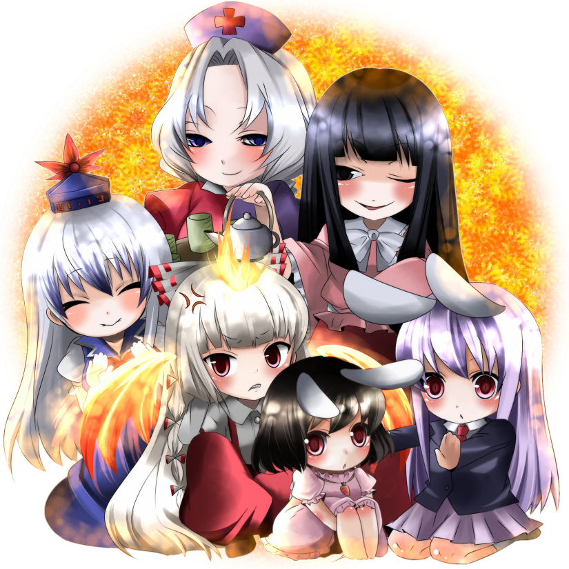 animal_ears bad_id bad_pixiv_id barefoot black_hair blue_eyes blue_hair bow bunny_ears chibi everyone fire fujiwara_no_mokou hair_bow hair_ribbon hat houraisan_kaguya inaba_tewi kamishirasawa_keine long_hair multiple_girls necktie purple_hair red_eyes reisen_udongein_inaba ribbon short_hair silver_hair touhou yagokoro_eirin yukibina