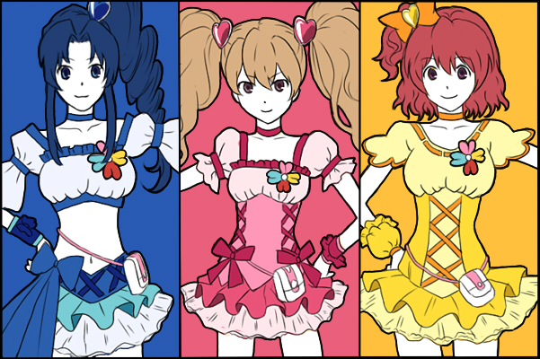 aisaka_taiga bad_id bad_pixiv_id bicci blue_choker blue_skirt choker column_lineup cosplay cure_berry cure_berry_(cosplay) cure_peach cure_peach_(cosplay) cure_pine cure_pine_(cosplay) fresh_precure! hair_ornament heart heart_hair_ornament kawashima_ami kitamura_eri kushieda_minori magical_girl multiple_girls orange_choker pink_choker precure seiyuu_connection skirt toradora!