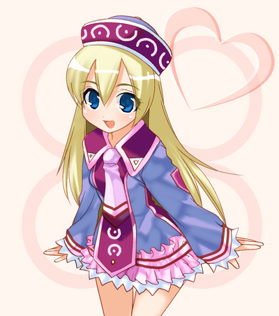 :d bad_id bad_pixiv_id bangs blonde_hair blue_dress blue_eyes breasts cowboy_shot dress frills hat heart kuroto_(722) long_hair long_sleeves looking_at_viewer lowres lucent_heart mizugame_(lucent_heart) necktie open_mouth parted_bangs short_dress sleeves_past_wrists small_breasts smile solo standing tabard thigh_gap very_long_hair wing_collar
