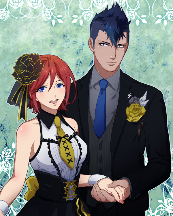 1girl bare_shoulders blue_eyes blue_hair breasts cero_(cerocero) corsage formal hair_ornament holding_hands kaname_buccaneer macross macross_delta messer_ihlefeld mohawk nail_polish necktie pink_nails red_hair short_hair sideboob sleeveless smile suit