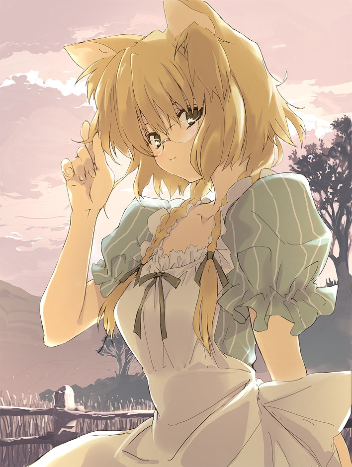 adjusting_hair animal_ears blonde_hair bow braid brown_eyes cat_ears copyright_request fence glasses mamecchi short_hair sky solo tree twin_braids