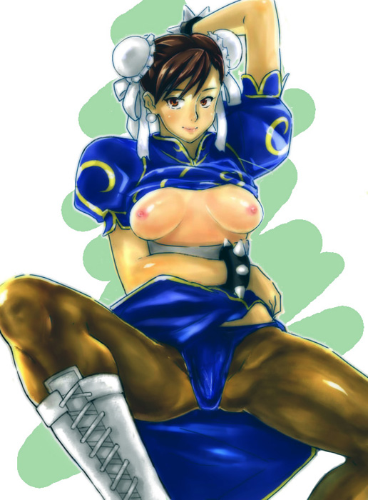 bad_id bad_pixiv_id black_hair blue_dress boots bracelet breasts breasts_outside brown_eyes brown_hair brown_legwear bun_cover china_dress chinese_clothes chun-li cross-laced_footwear double_bun dress jewelry knee_boots lace-up_boots medium_breasts nipples pantyhose pelvic_curtain puffy_short_sleeves puffy_sleeves sash shakuhachi_nebu_joshi short_hair short_sleeves sitting smile solo spiked_bracelet spikes spread_legs street_fighter