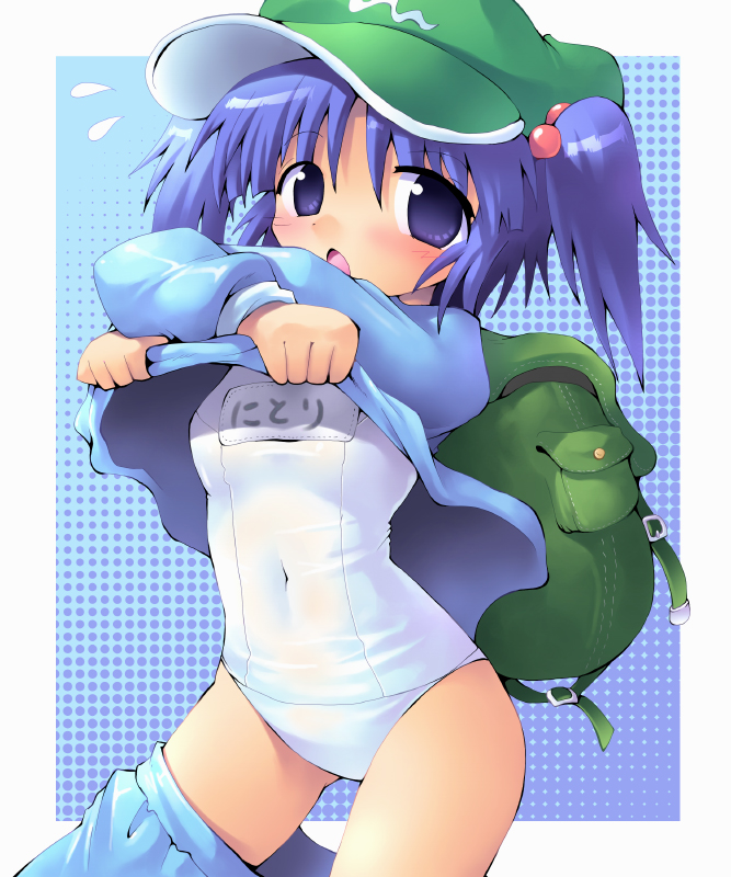 backpack bag blue_hair blush hair_bobbles hair_ornament hat kawashiro_nitori kurogarasu one-piece_swimsuit school_swimsuit shirt_lift skirt skirt_pull solo sweatdrop swimsuit swimsuit_under_clothes touhou twintails two_side_up undressing white_school_swimsuit white_swimsuit
