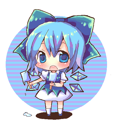 blue_eyes blue_hair bow chibi chocolat_(momoiro_piano) cirno food hair_bow popsicle simple_background solo touhou wings